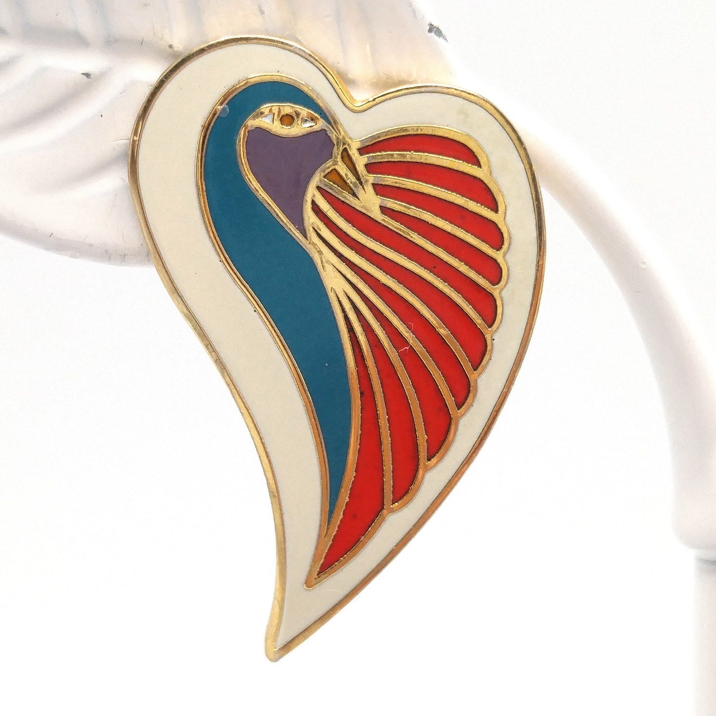 Vintage Laurel Burch "Dove Heart" Post Earrings, Cloisonne Enamel, Gold Plated