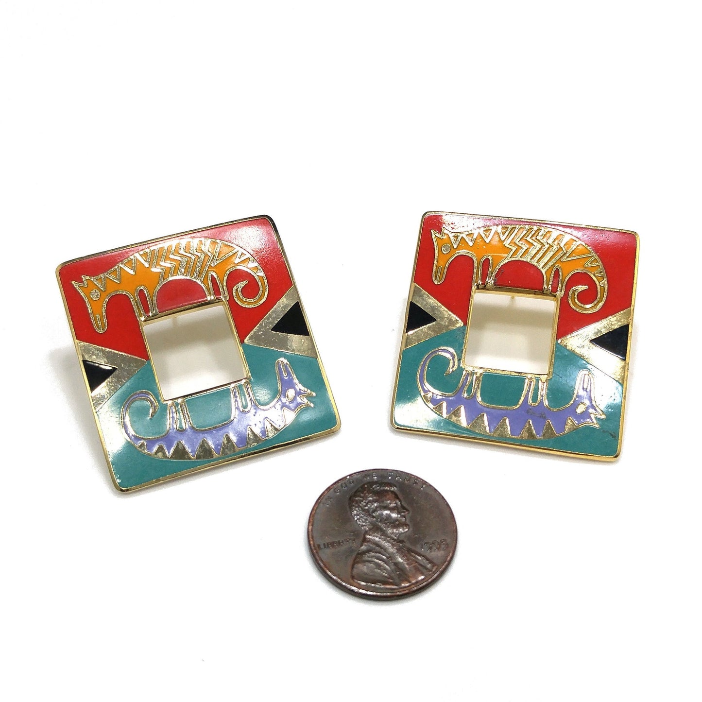 Laurel Burch "Primal Horse" Large Post Earrings, Gold Plated Cloisonné Enamel, 1980s Vintage Jewelry