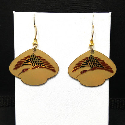 Vintage Laurel Burch Crane Bird Earrings, Gold Plated, Enamel Tan Dark Red Black
