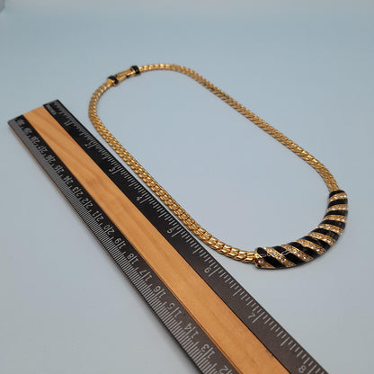 Vintage Swarovski Swan Logo Necklace – Gold Plated Black Enamel Crystal 1980s