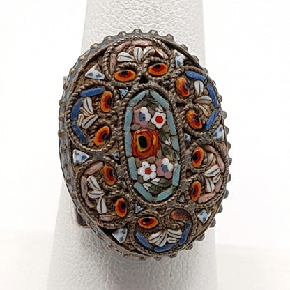Vintage Micro Mosaic Poison Ring, Stamped Mexico, US Size 7 Adjustable
