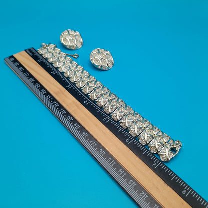 Vintage Kramer Bracelet Clip Earrings Set, Clear Rhinestones, Rhodium Plated, 1960s Jewelry
