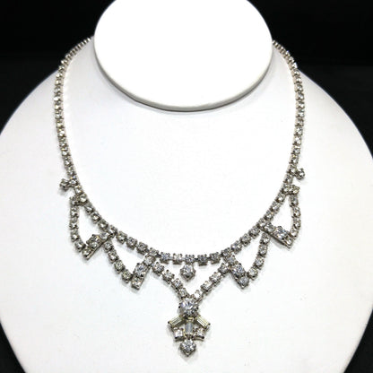 Vintage 1960s Clear Rhinestone Choker Necklace | Mid-Century Bridal Jewelry, Rhodium Plated, Baguette & Chaton Cuts