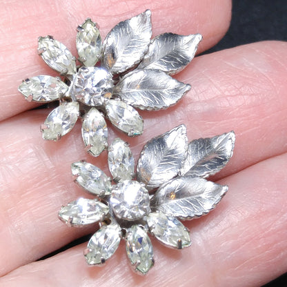 Krementz Silver Tone Clear Rhinestone Brooch, Rhodium Plated, Screw Back Earrings, 1940s