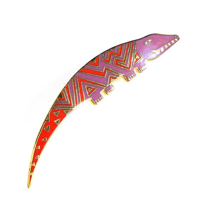 Laurel Burch "Aleucian Alligator" Brooch, Gold Plated Cloisonné Red Purple Enamel, 1980s Vintage Jewelry
