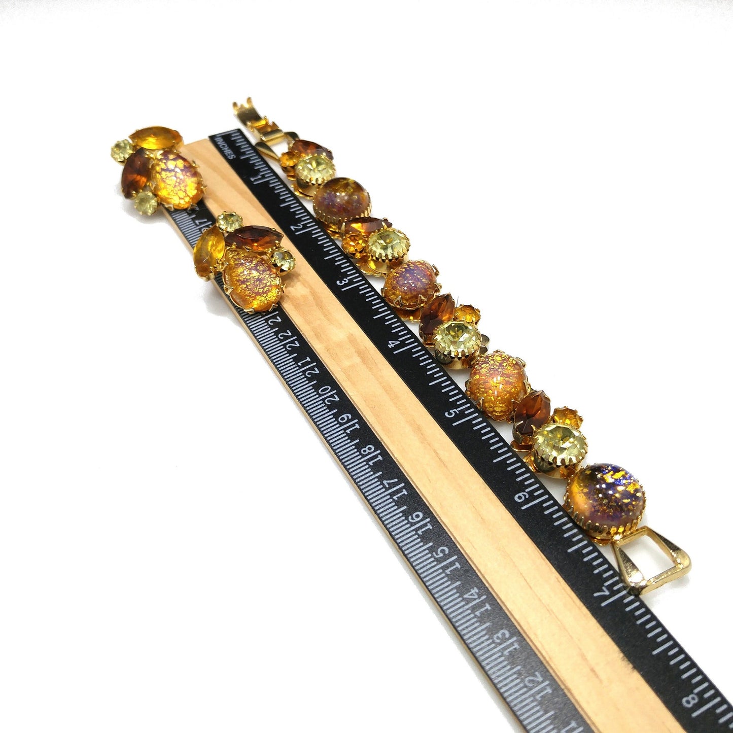 Gold Foil Faux Opal Rhinestone Bracelet & Earrings, Light Topaz Jonquil Rhinestones, 1960s Vintage Jewelry
