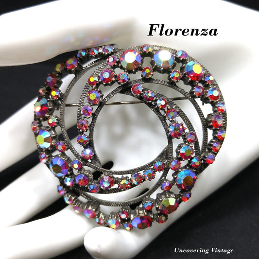 Florenza Red Aurora Borealis Brooch, Antique Silver Tone, Designer 1960s Vintage Jewelry