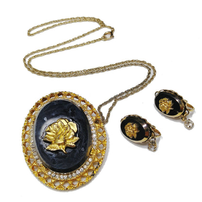 Celebrity Gold Rose Black Glass Brooch & Pendant, Matching Clip Earrings, 1970s Vintage Jewelry