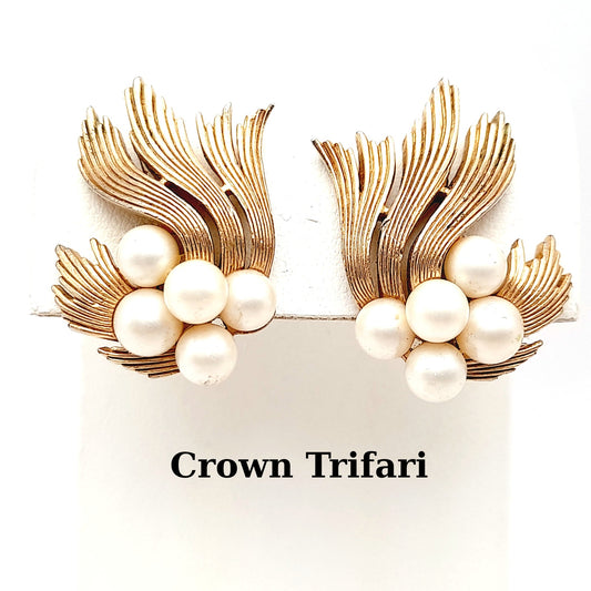 Vintage Crown Trifari Faux Pearl Clip Earrings – Gold Tone Designer Jewelry