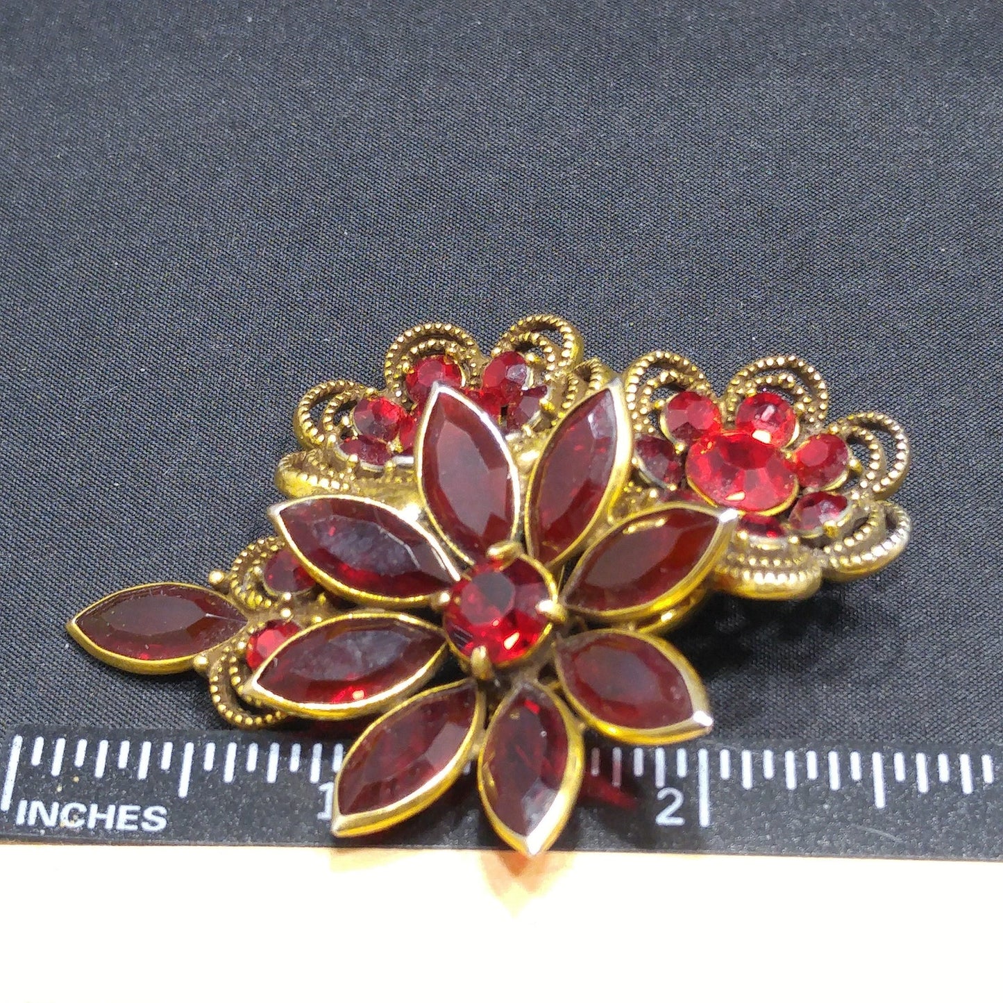 Vintage Red Crystal Rhinestone Floral Brooch, Antique Gold Plated, 1980s Vintage Jewelry