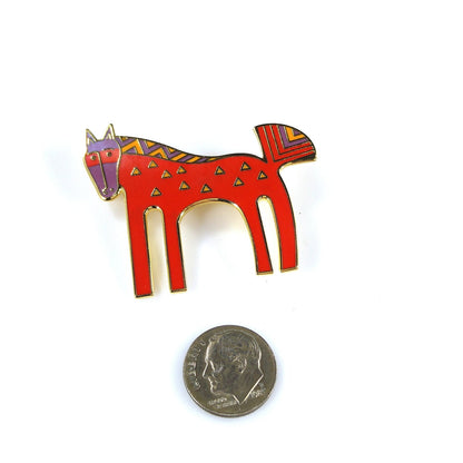 Laurel Burch "Inca" Red Horse Brooch, Cloisonné Gold Plated, 1980s Vintage Jewelry