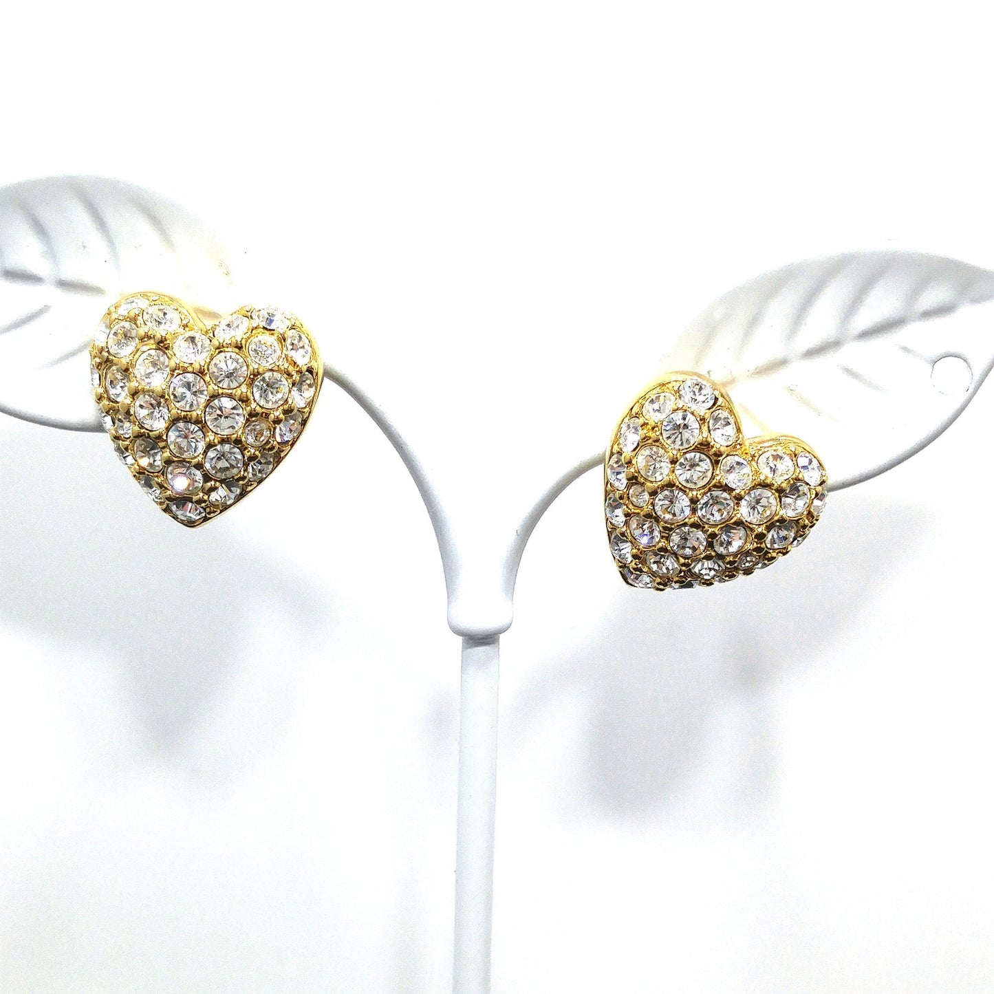 Vintage Swarovski Swan Logo Heart Earrings Clear Pave Rhinestones Gold 1980s