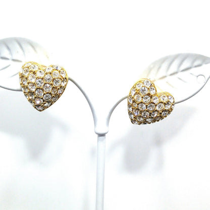 Vintage Swarovski Swan Logo Heart Earrings Clear Pave Rhinestones Gold 1980s