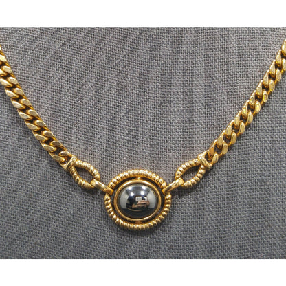 Louis Feraud Paris Gold Plated Pendant Necklace, Hematite Pendant, 1970s Vintage Jewelry