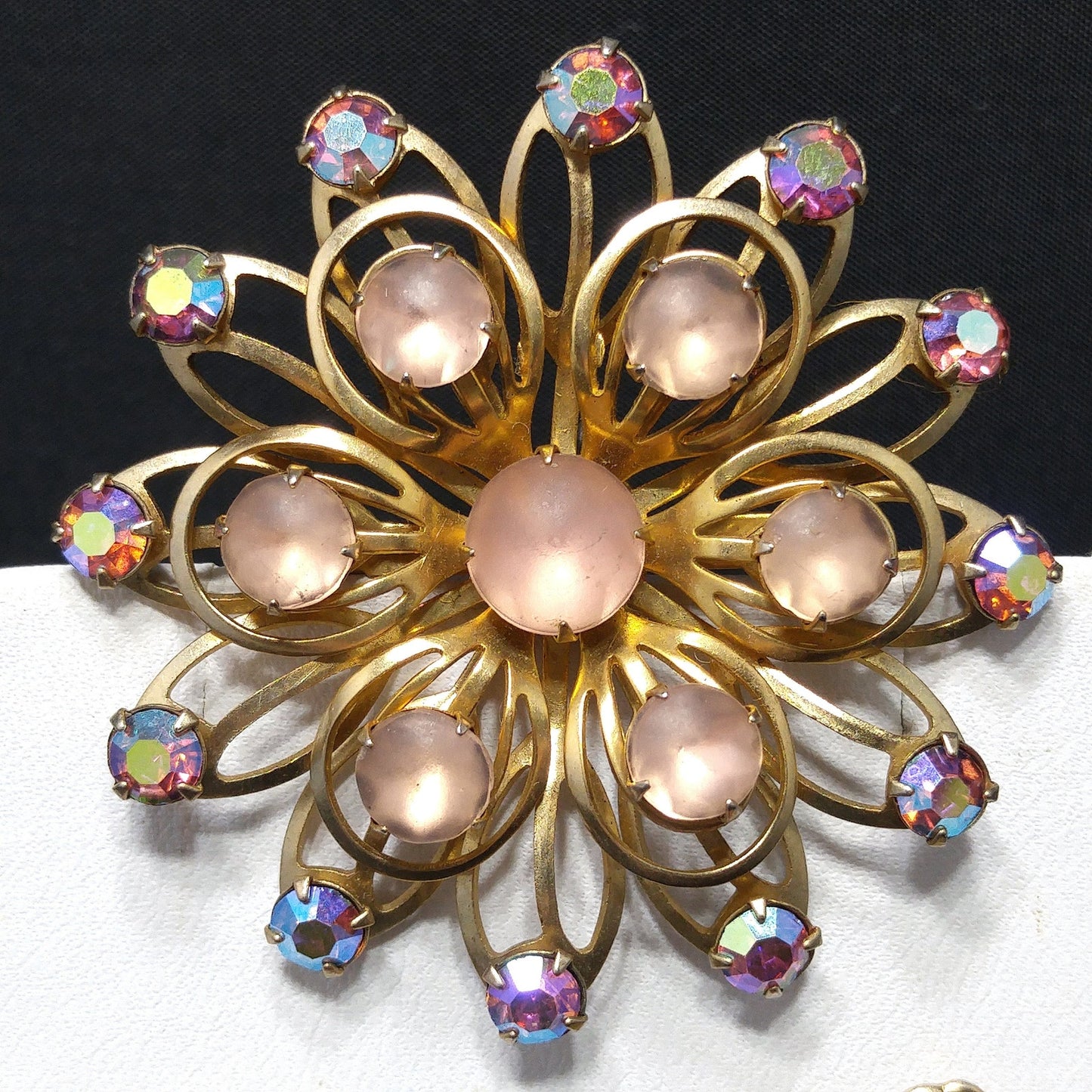 Vintage Pink Aurora Borealis Brooch Earrings Set, Pink Cabochons, 1950s Vintage Jewelry