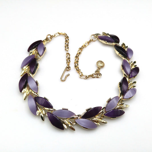 Purple Lavender Lucite Choker Necklace, Mid-Century, Gold Tone, 1950s Vintage Jewelry