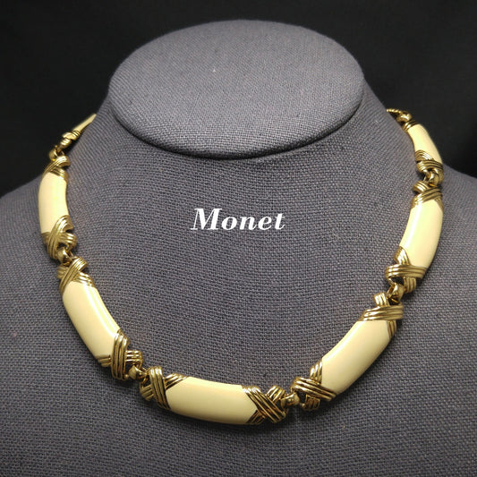 Monet Cream Enamel Link Necklace, Gold Plated, 1980s Vintage Jewelry