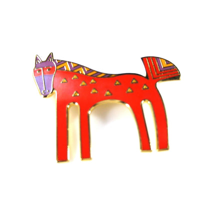 Laurel Burch "Inca" Red Horse Brooch, Cloisonné Gold Plated, 1980s Vintage Jewelry