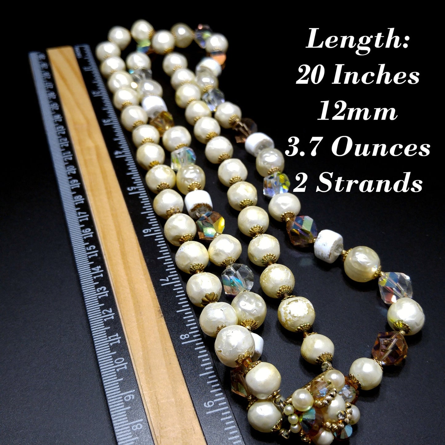 Vintage 1950s Faux Pearl Crystal Necklace Aurora Borealis Double Strand