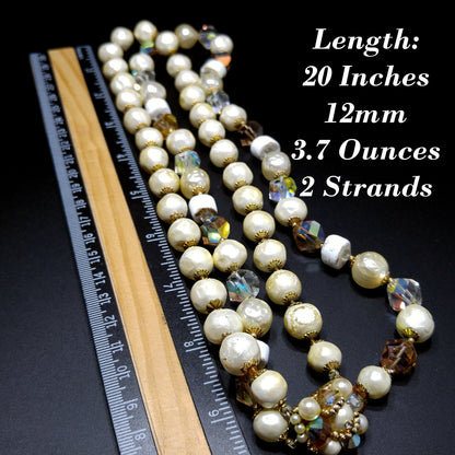 Vintage 1950s Faux Pearl Crystal Necklace Aurora Borealis Double Strand