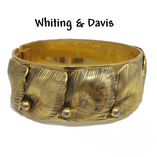 Whiting & Davis Gold Plated Leaf Bracelet, Hinged Wide Clamper, 1950s Vintage