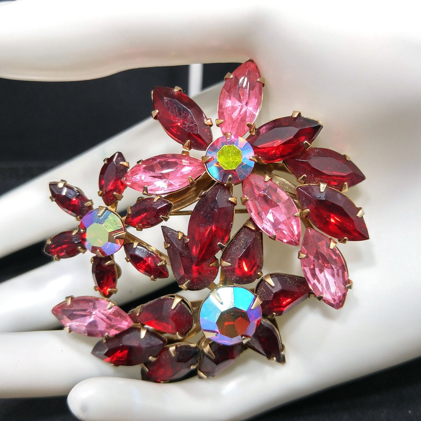 Vintage Beau Jewels Rhinestone Set – 1950s Brooch & Earrings, Red AB Crystals