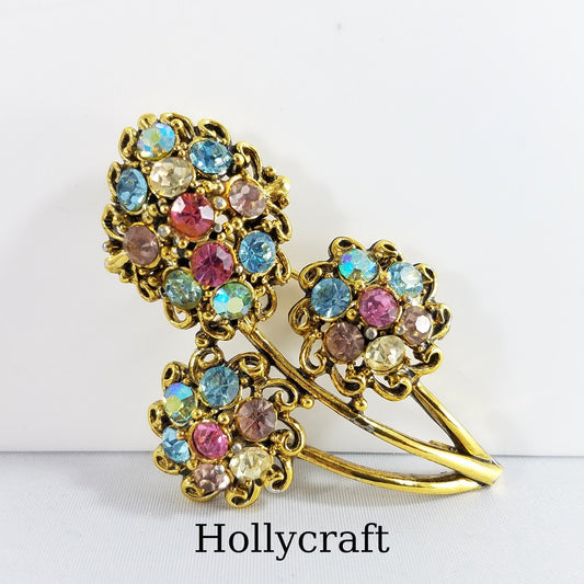Hollycraft Pastel Rhinestone Floral Brooch, Gold Tone Flower Pin, 1960s Vintage Jewelry