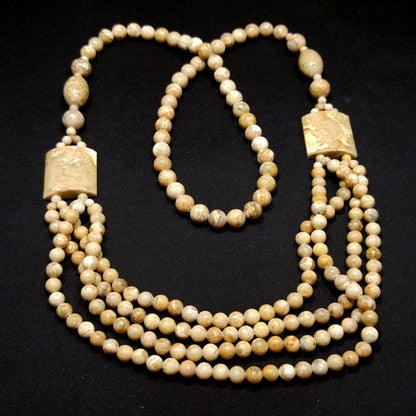 Gemstone Long Beaded Necklace, No Clasp, Four Strands in Front, 1970s Vintage Jewelry