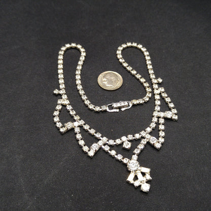 Vintage 1960s Clear Rhinestone Choker Necklace | Mid-Century Bridal Jewelry, Rhodium Plated, Baguette & Chaton Cuts