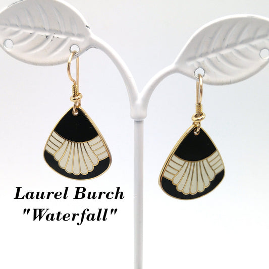 Vintage Laurel Burch "Waterfall" Drop Earrings, Black White Enamel, Gold Plated