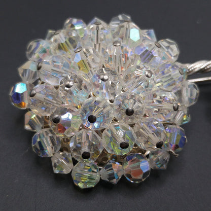 Vintage Austrian Crystal Flower Brooch, Aurora Borealis, Rhodium Plated Stem Leaves, 1960s Vintage Jewelry