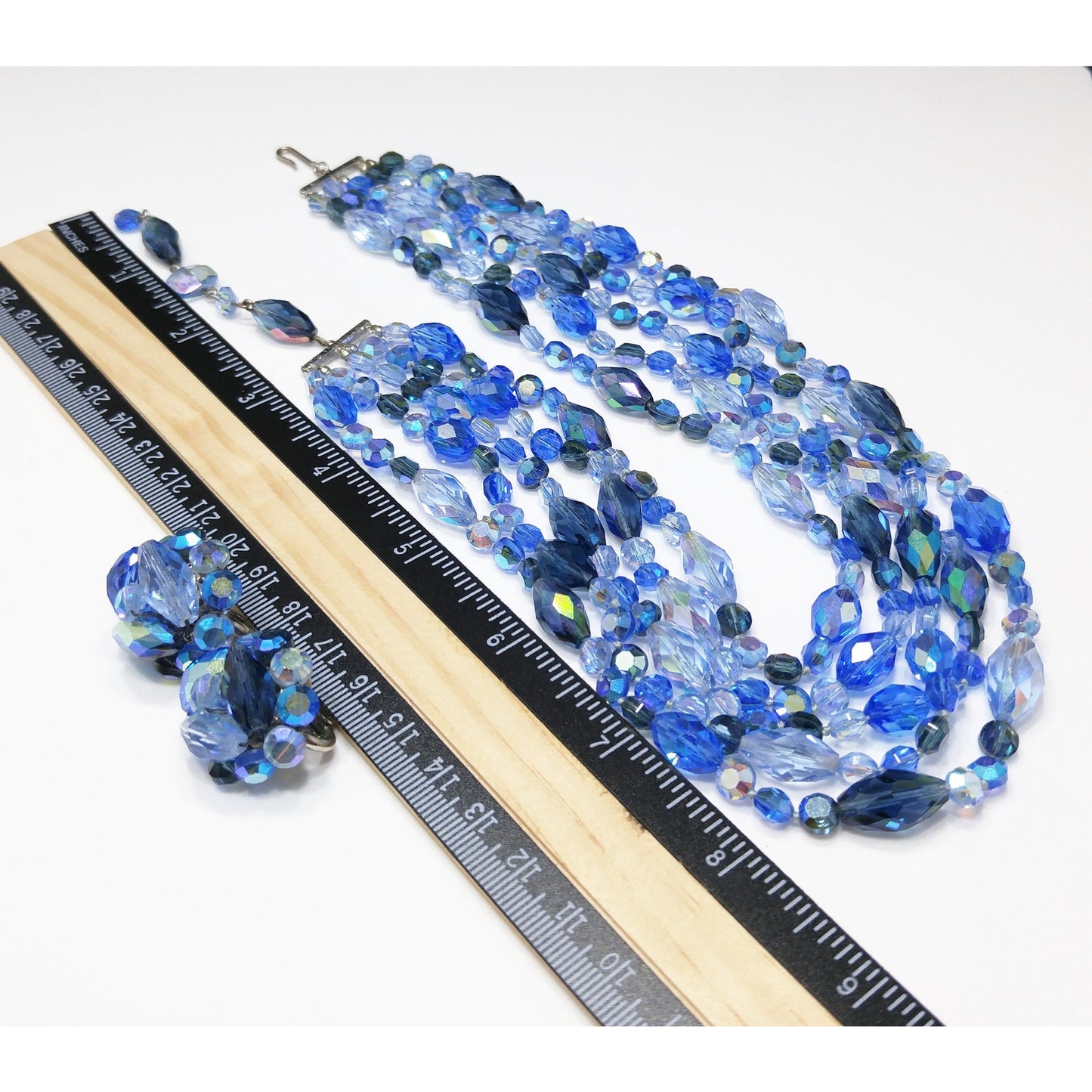 Vogue Blue Crystal Necklace & Earrings Set, Aurora Borealis, 1960s Vintage Jewelry