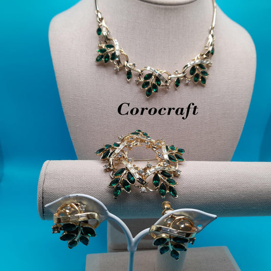 Vintage Corocraft 1940s Green Rhinestone Floral Set: Necklace, Brooch, Earrings