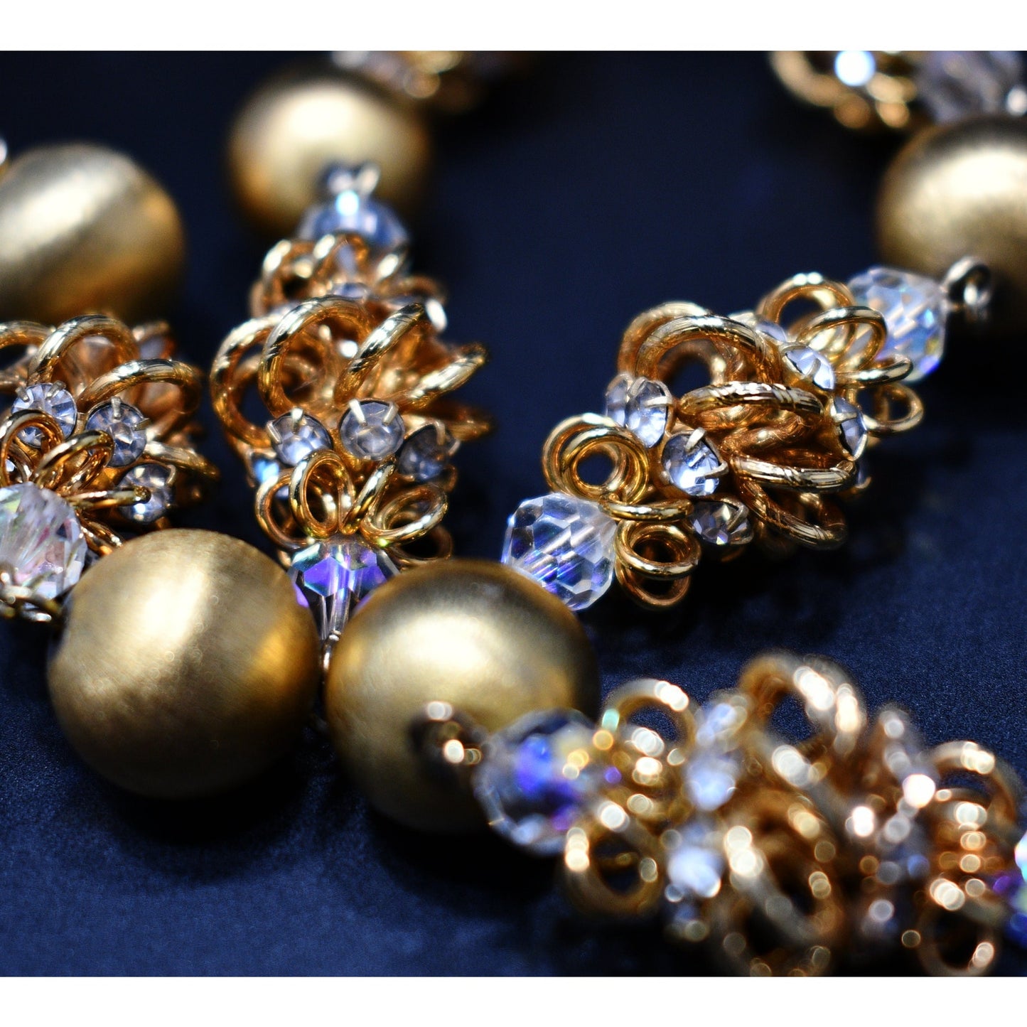 Vendome 1950s Gold Satin & Crystal Cage Bead Necklace | Aurora Borealis & Rhinestone Statement Strand | Vintage Designer Jewelry