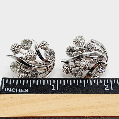 Vintage Crown Trifari Rhinestone Clip Earrings – Rhodium Plated Mid Century Jewelry
