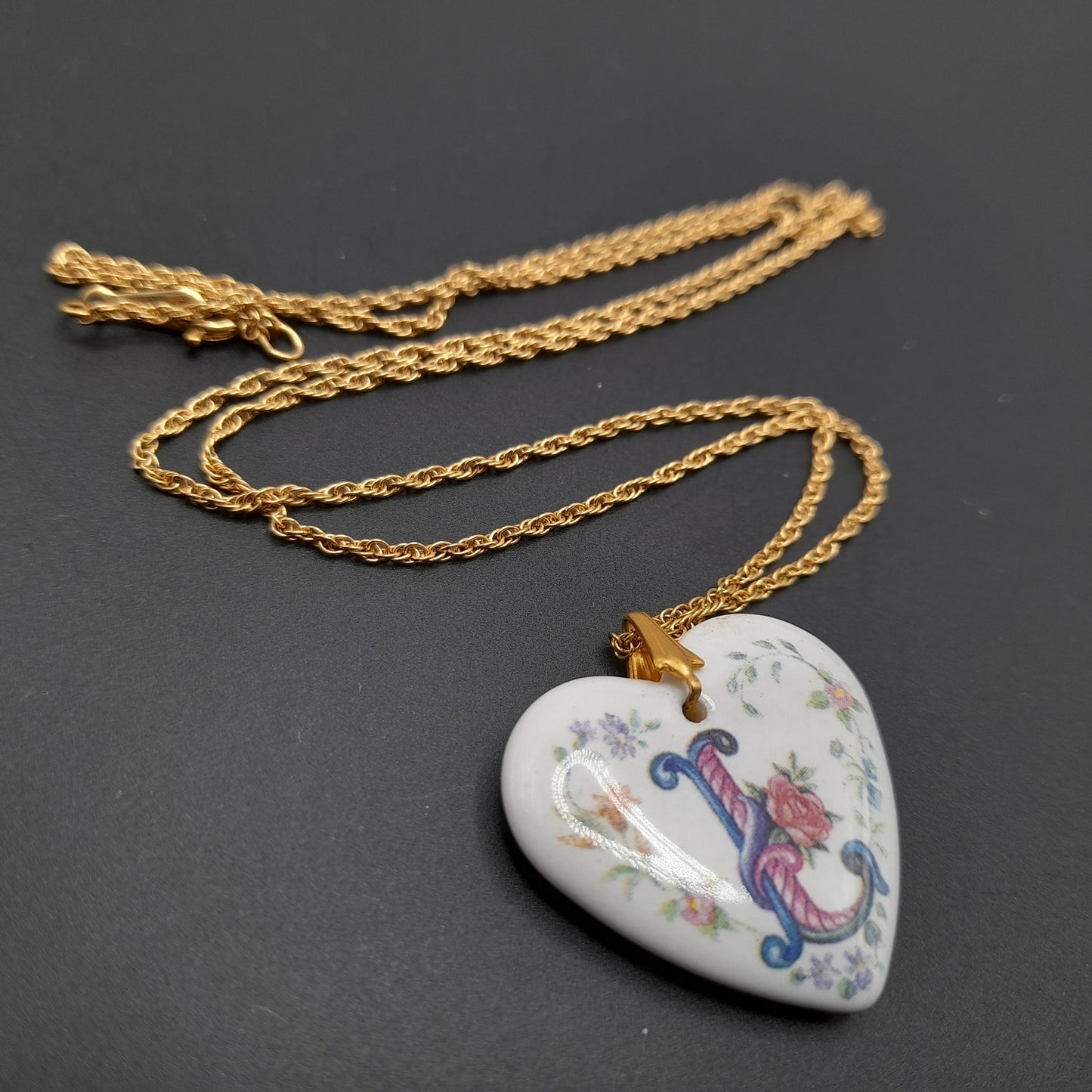 Vintage Avon Porcelain Heart “L” Initial Necklace on 24” Gold Rope Chain