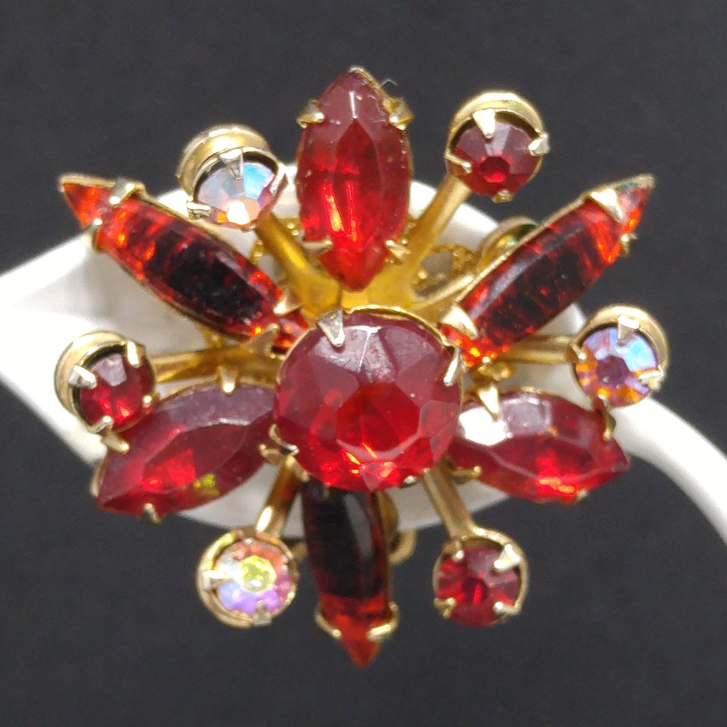 Red Floral Rhinestone Brooch Earrings Set, Aurora Borealis Pink, 1950s Vintage Jewelry