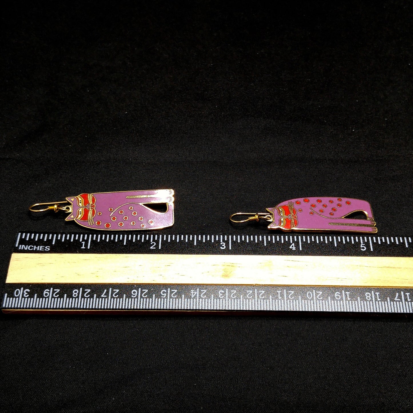 Laurel Burch "Siamese Cats" Long Earrings, Gold Plated, Purple Enamel, 1980s