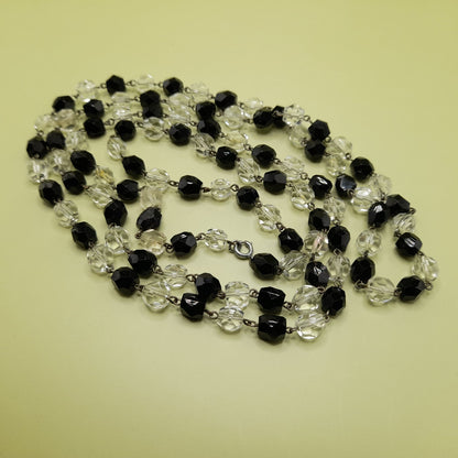 Vintage Art Deco Black and Clear Crystal Necklace – 1920s Wire Wrapped Flapper Beads – 53 Inches