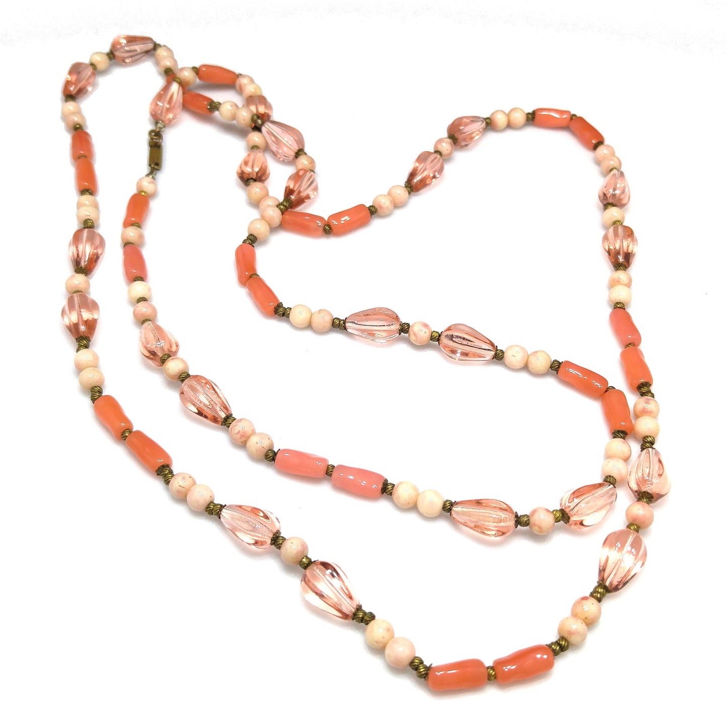 Miriam Haskell Pink Art Glass Bead Necklace 44” Long Vintage 1940s Signed