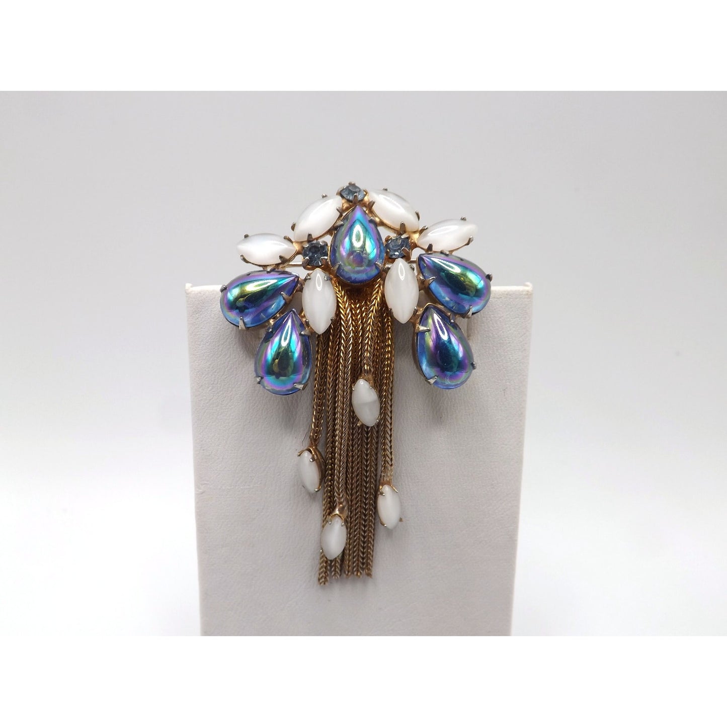 Iridescent Blue Gold Plated Fringe Brooch, White Art Glass Stones, 1960s Vintage Jewelry