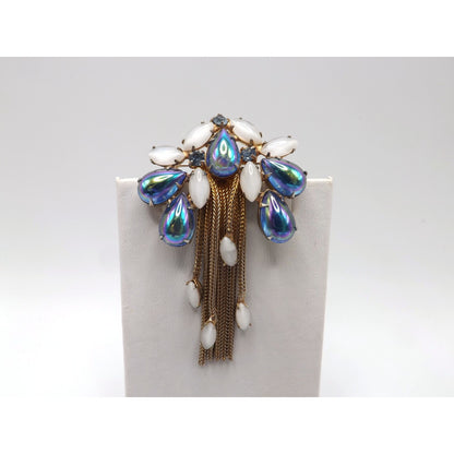 Iridescent Blue Gold Plated Fringe Brooch, White Art Glass Stones, 1960s Vintage Jewelry