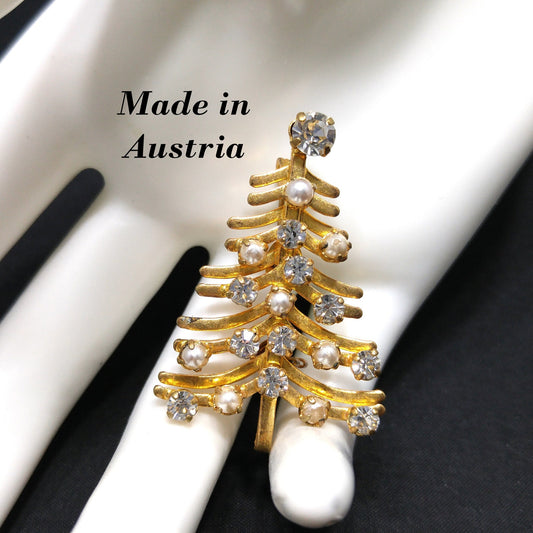 Austria Christmas Tree Brooch, Clear Rhinestones, Faux Pearls, 1960s Vintage Jewelry
