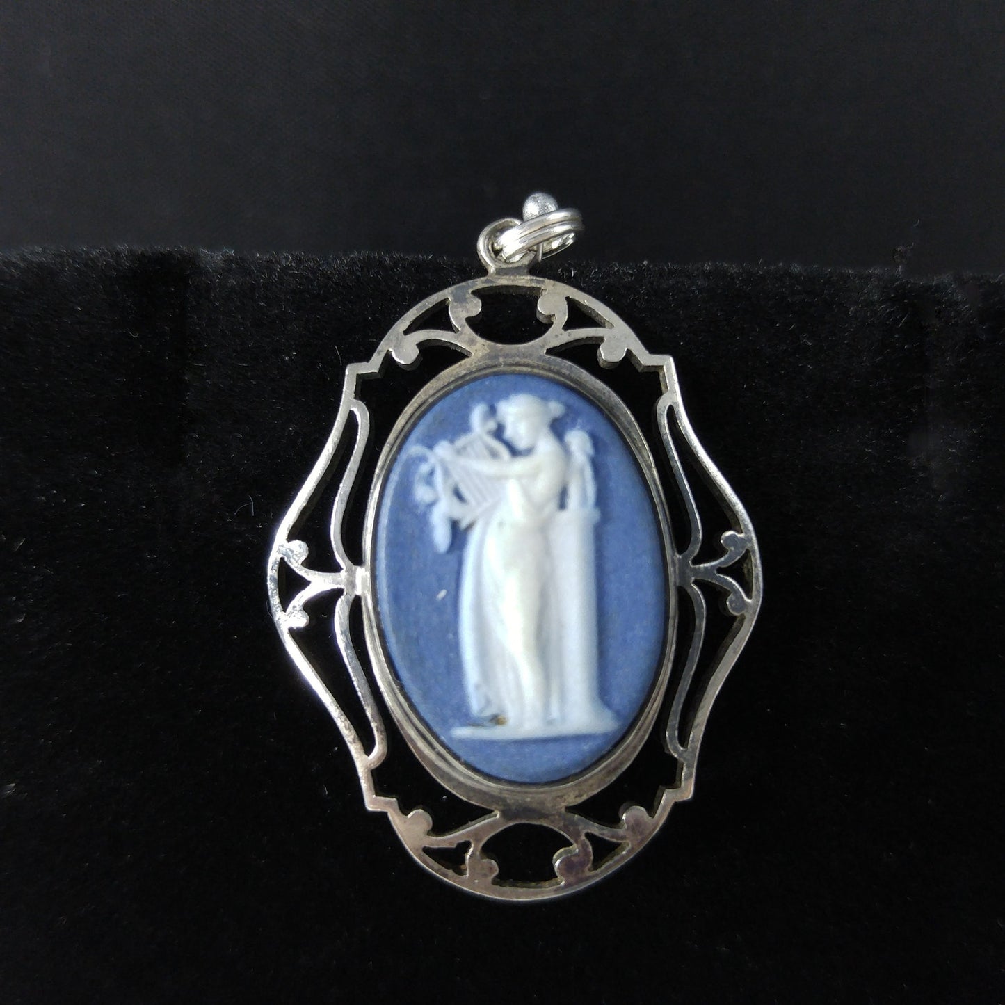 Antique Wedgwood Sterling Blue Jasperware Pendant Victorian Goddess England