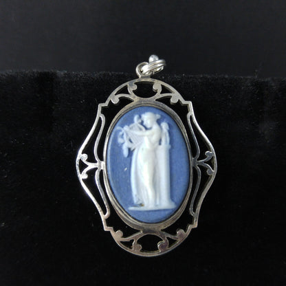 Antique Wedgwood Sterling Blue Jasperware Pendant Victorian Goddess England