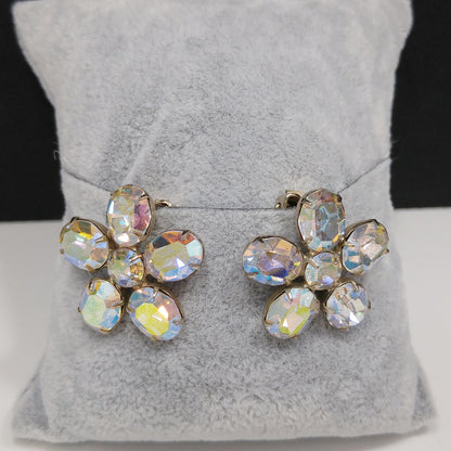 Weiss Aurora Borealis Clear Rhinestone Earrings, Flower Clip Earrings, 1950s Vintage Jewelry
