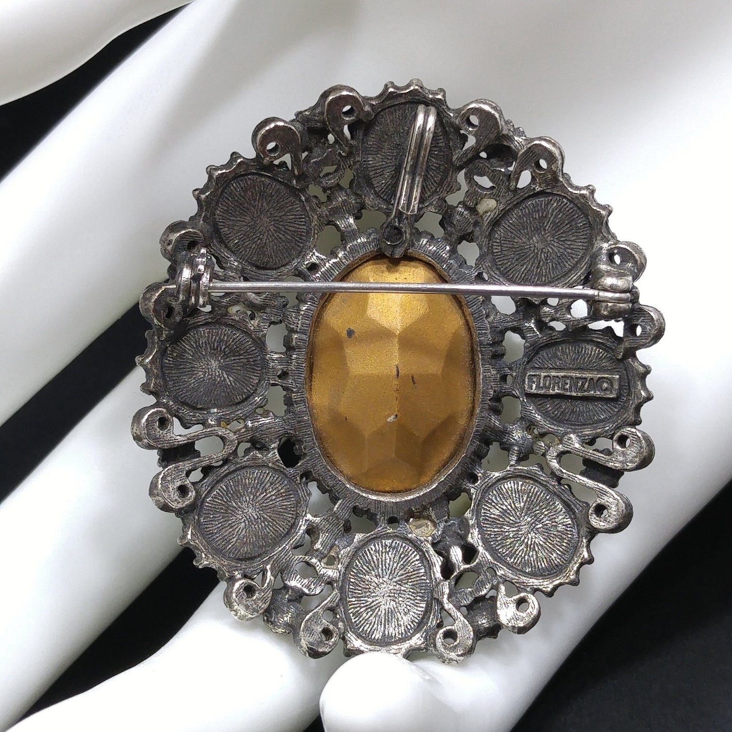 Florenza Blue Faceted Glass Brooch & Pendant, Antique Silver Tone, Gold Plated, 1950s Vintage Jewelry