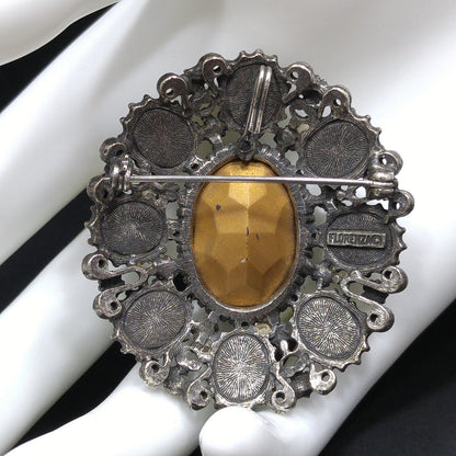 Florenza Blue Faceted Glass Brooch & Pendant, Antique Silver Tone, Gold Plated, 1950s Vintage Jewelry