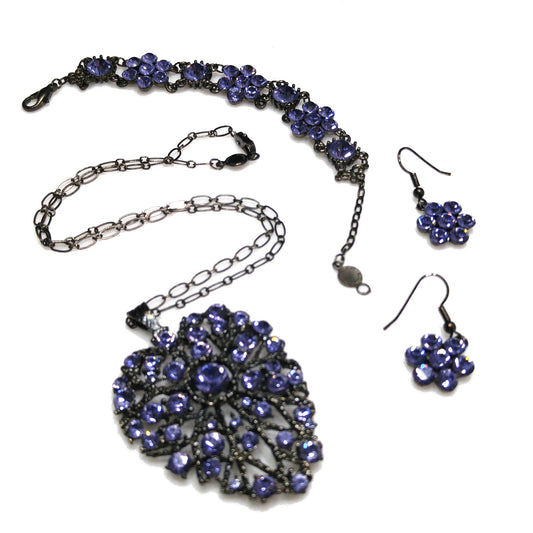 Austrian Crystal Lavender Necklace Bracelet Earrings Set, Ear Wire Earrings, Vintage Jewelry