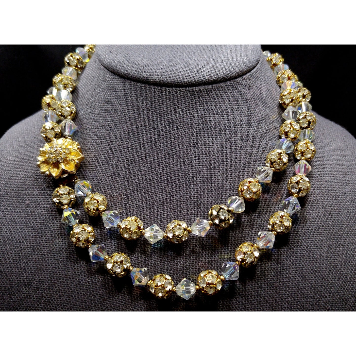 Vintage 1960s AB Crystal Rhinestone Gold Floral Clasp Two Strand Necklace